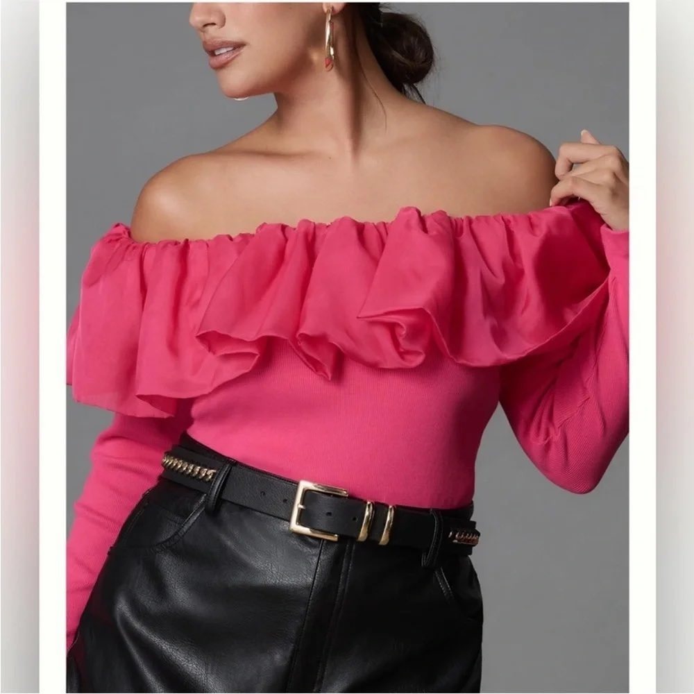 Anthropologie Ruffle Off Shoulder Top Womens L Pink Ribbed Knit Organza Cotton